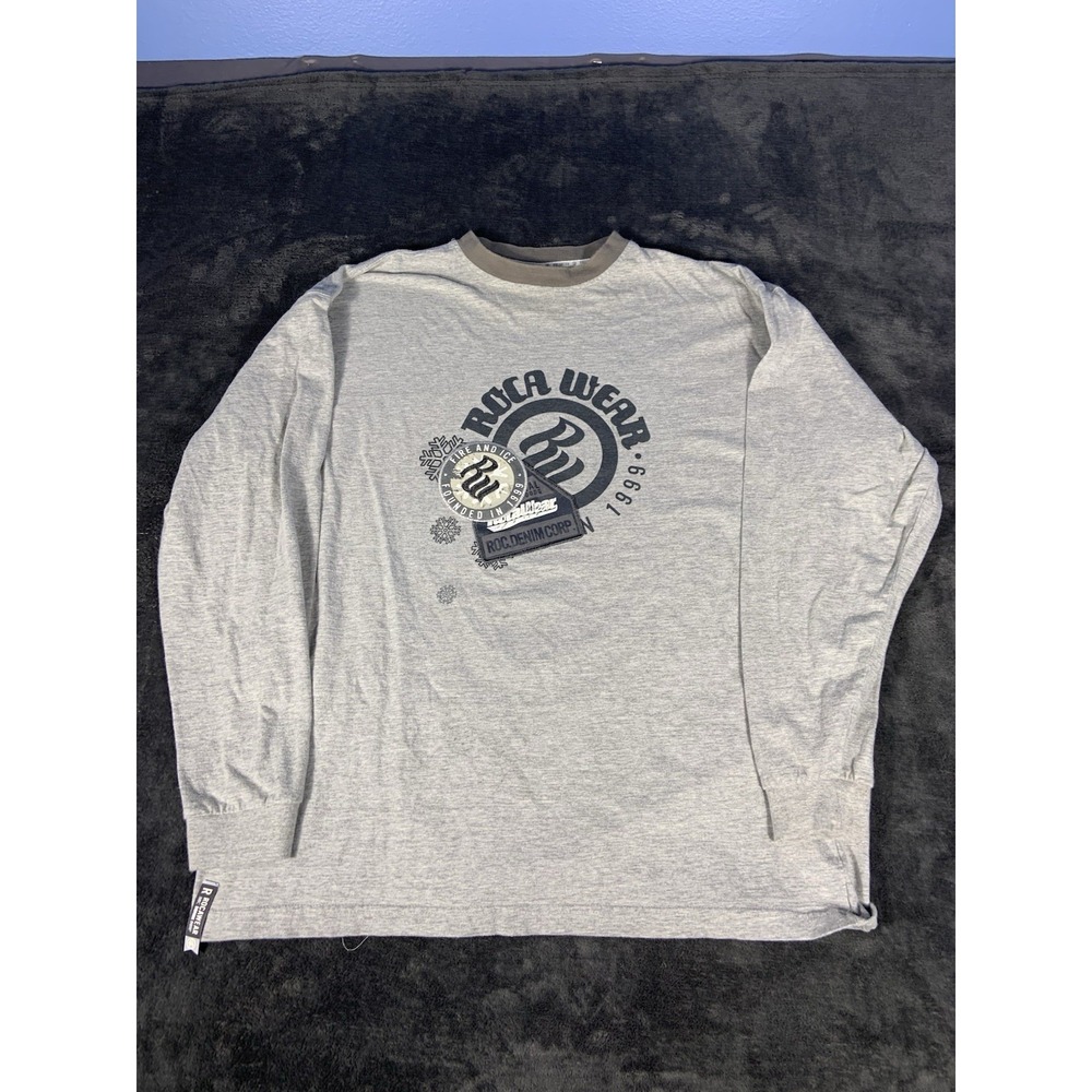 Rocawear Y2K Graphic Embroidered Sweater Long Sleeve Grey Size Large